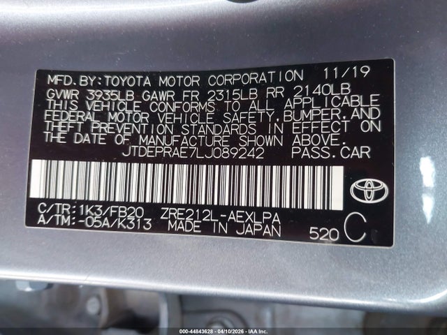 Продаж на аукціоні авто 2020 Toyota Corolla Le, vin: JTDEPRAE7LJ089242, номер лоту: 44843628