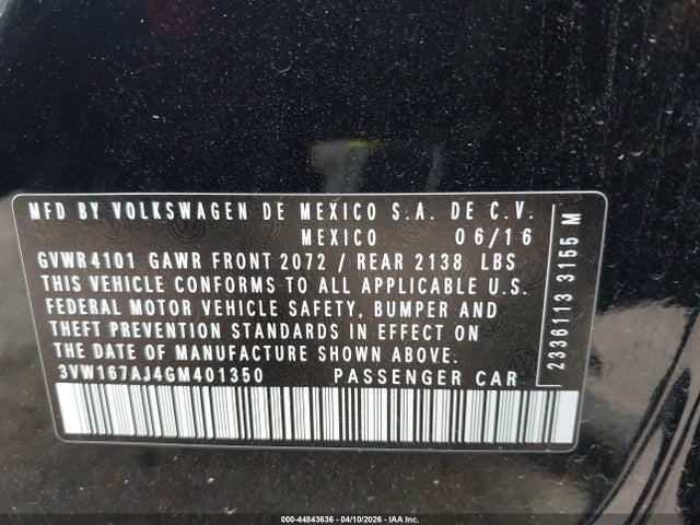 2016 Volkswagen Jetta 1.4t S მანქანა იყიდება აუქციონზე, vin: 3VW167AJ4GM401350, აუქციონის ნომერი: 44843636