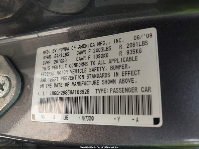 Продаж на аукціоні авто 2009 Honda Accord 2.4 Ex-l, vin: 1HGCP26859A166928, номер лоту: 44843648