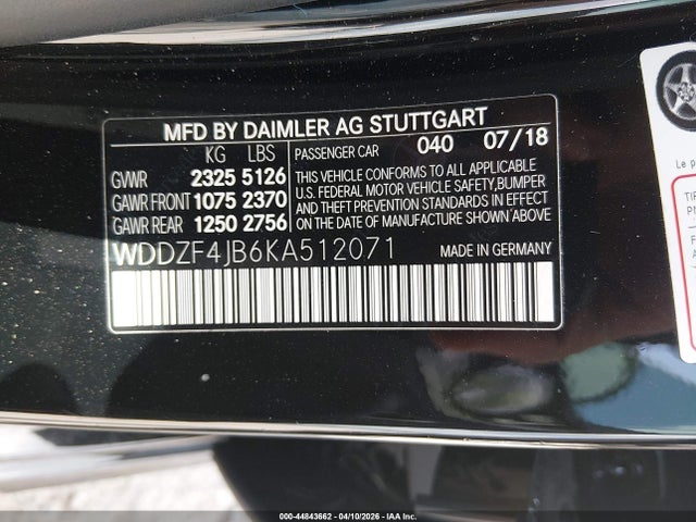 44843662 :رقم المزاد ، WDDZF4JB6KA512071 vin ، 2019 Mercedes-benz E 300 مزاد بيع