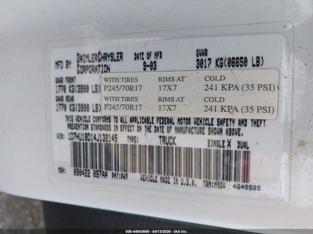44843669 :رقم المزاد ، 1D7HU18D14J132145 vin ، 2004 Dodge Ram 1500 Slt/laramie مزاد بيع