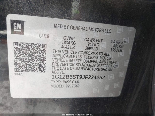 44843672 :رقم المزاد ، 1G1ZB5ST9JF224252 vin ، 2018 Chevrolet Malibu 1ls مزاد بيع