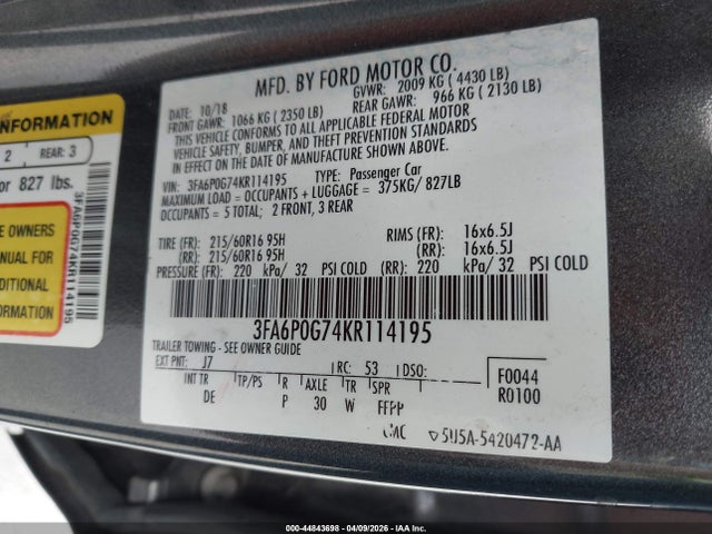 Ford FUSION S 2019 3FA6P0G74KR114195 Image 9