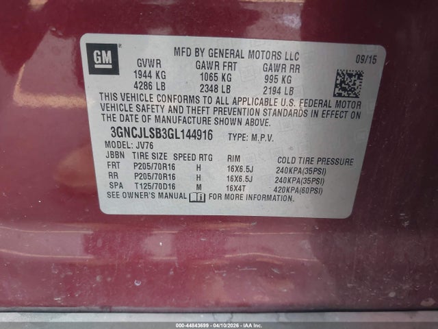 3GNCJLSB3GL144916 Chevrolet Trax Lt