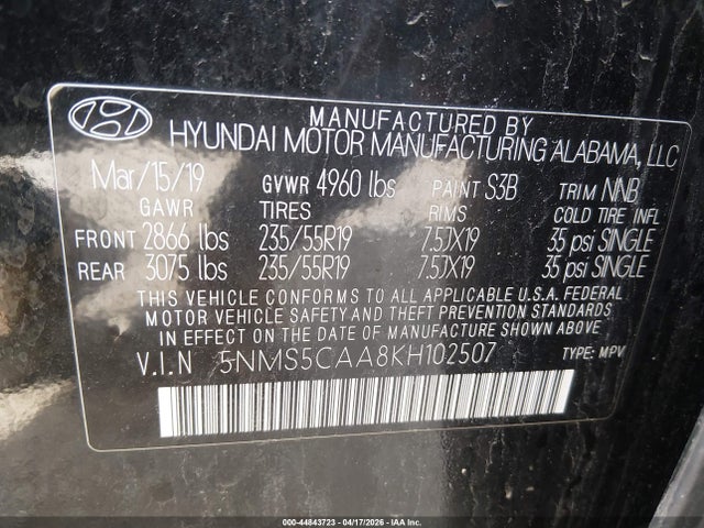 2019 Hyundai Santa Fe Limited 2.0t მანქანა იყიდება აუქციონზე, vin: 5NMS5CAA8KH102507, აუქციონის ნომერი: 44843723