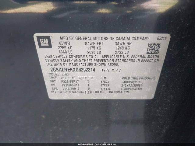 44843745 :رقم المزاد ، 2GKALNEKXG6292314 vin ، 2016 Gmc Terrain Sle-2 مزاد بيع