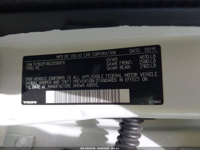 Aukcja sprzedaży 2012 Volvo S60 T5, vin: YV1622FS6C2036870, numer aukcji: 44843746