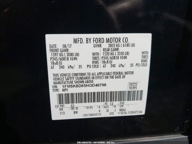 Aukcja sprzedaży 2017 Ford Explorer Xlt, vin: 1FM5K8D85HGD46798, numer aukcji: 44843752
