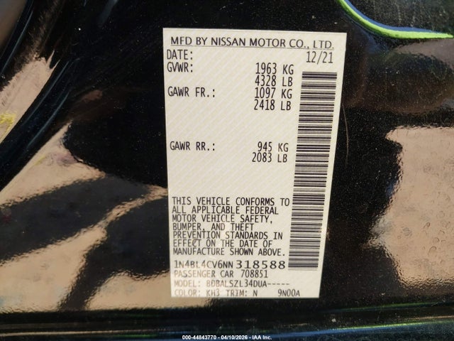 2022 Nissan Altima Sr Fwd მანქანა იყიდება აუქციონზე, vin: 1N4BL4CV6NN318588, აუქციონის ნომერი: 44843770