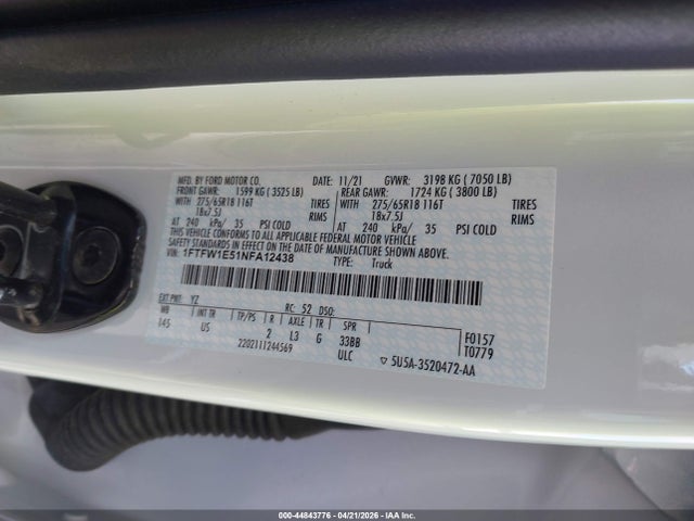 44843776 :رقم المزاد ، 1FTFW1E51NFA12438 vin ، 2022 Ford F-150 Xlt مزاد بيع