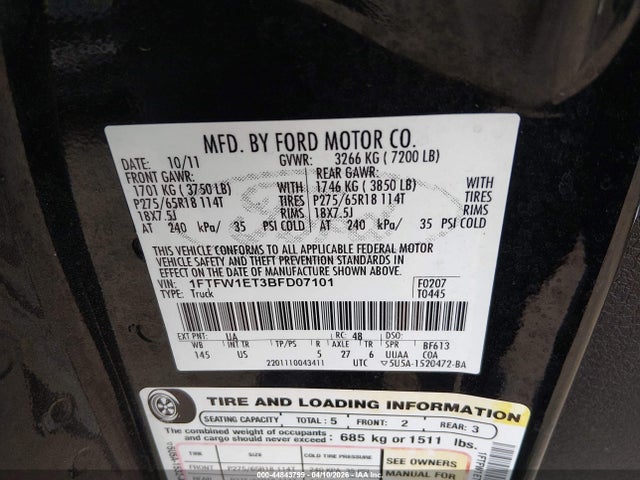 Продажа на аукционе авто 2011 Ford F-150 Xlt, vin: 1FTFW1ET3BFD07101, номер лота: 44843799