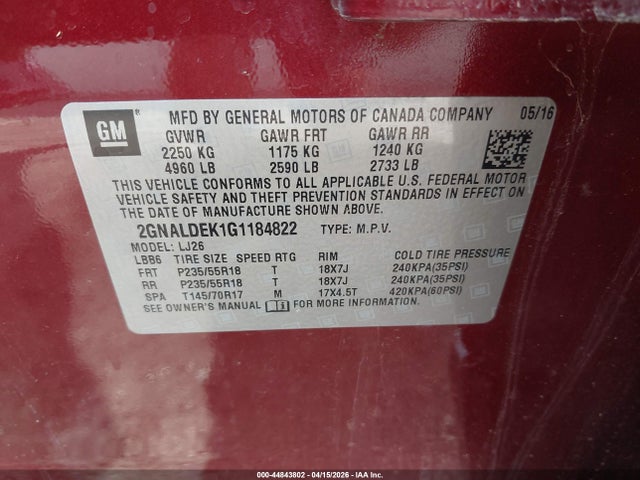2016 Chevrolet Equinox Ltz მანქანა იყიდება აუქციონზე, vin: 2GNALDEK1G1184822, აუქციონის ნომერი: 44843802
