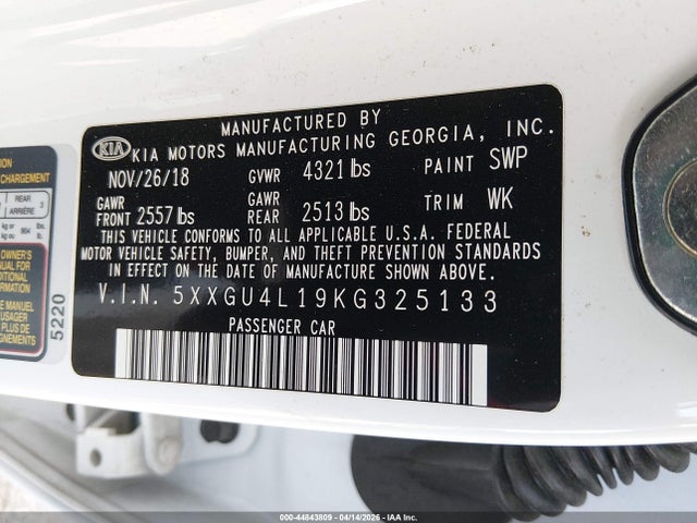 Aukcja sprzedaży 2019 Kia Optima Ex, vin: 5XXGU4L19KG325133, numer aukcji: 44843809