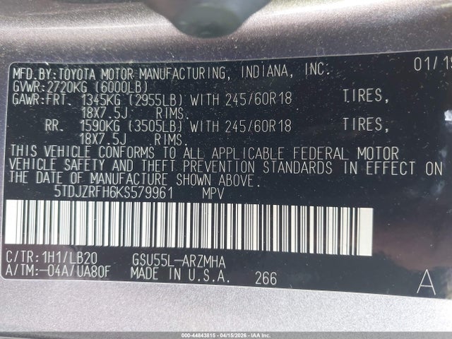 44843815 :رقم المزاد ، 5TDJZRFH6KS579961 vin ، 2019 Toyota Highlander Xle مزاد بيع
