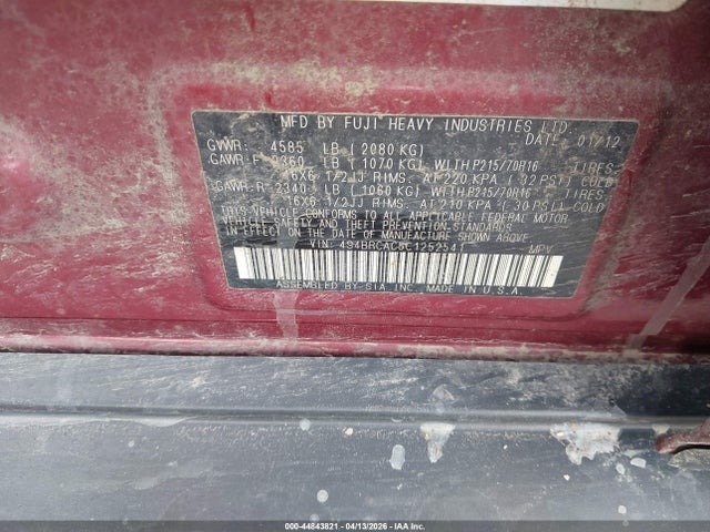 Aukcja sprzedaży 2012 Subaru Outback 2.5i, vin: 4S4BRCAC5C1252541, numer aukcji: 44843821