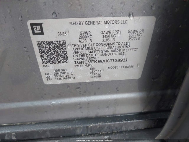 44843832 :رقم المزاد ، 1GNEVFKWXKJ128911 vin ، 2019 Chevrolet Traverse Ls مزاد بيع