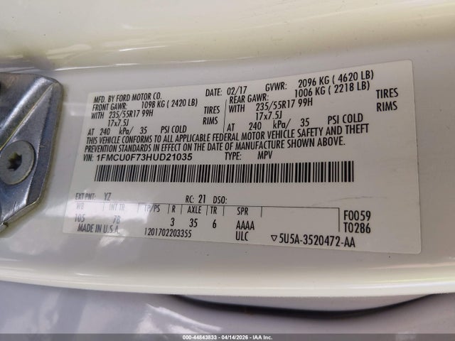 44843833 :رقم المزاد ، 1FMCU0F73HUD21035 vin ، 2017 Ford Escape S مزاد بيع