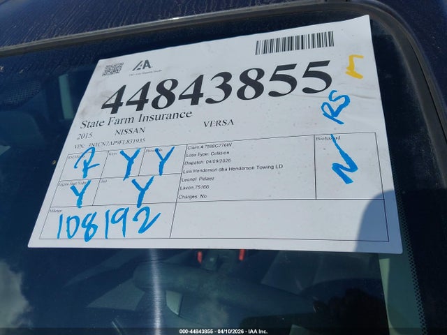 Продажа на аукционе авто 2015 Nissan Versa 1.6 Sv, vin: 3N1CN7AP9FL831935, номер лота: 44843855