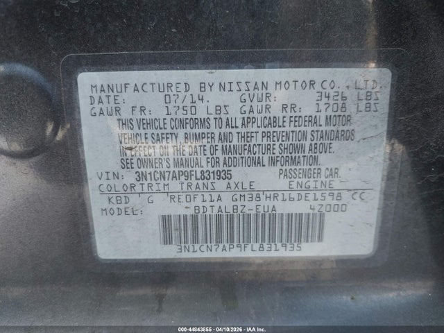 Продажа на аукционе авто 2015 Nissan Versa 1.6 Sv, vin: 3N1CN7AP9FL831935, номер лота: 44843855
