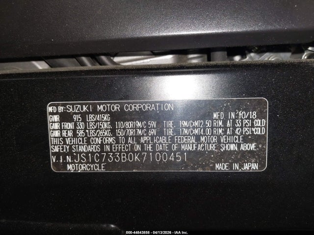 Продажа на аукционе авто 2019 Suzuki Dl650 A/x, vin: JS1C733B0K7100451, номер лота: 44843858