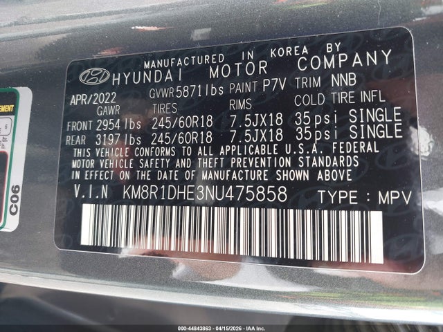 44843863 :رقم المزاد ، KM8R1DHE3NU475858 vin ، 2022 Hyundai Palisade Se مزاد بيع