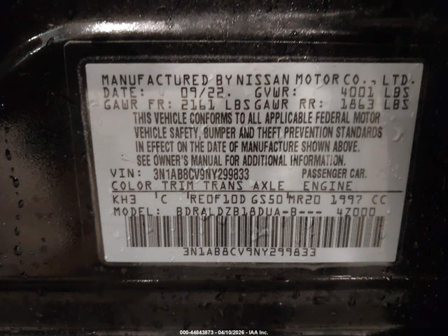 Aukcja sprzedaży 2022 Nissan Sentra Sv Xtronic Cvt, vin: 3N1AB8CV9NY299833, numer aukcji: 44843873