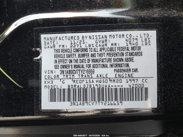 Aukcja sprzedaży 2026 Nissan Sentra Sv, vin: 3N1AB9CV7TY216659, numer aukcji: 44843877