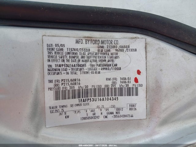 Продаж на аукціоні авто 2006 Ford Taurus Se, vin: 1FAFP53U16A104345, номер лоту: 44843881