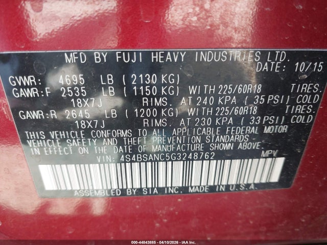 Aukcja sprzedaży 2016 Subaru Outback 2.5i Limited, vin: 4S4BSANC5G3248762, numer aukcji: 44843885