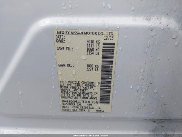 44843888 :رقم المزاد ، 1N4BZ0CP8GC304358 vin ، 2016 Nissan Leaf Sl مزاد بيع