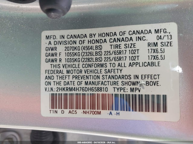44843892 :رقم المزاد ، 2HKRM4H76DH658810 vin ، 2013 Honda Cr-v Ex-l مزاد بيع