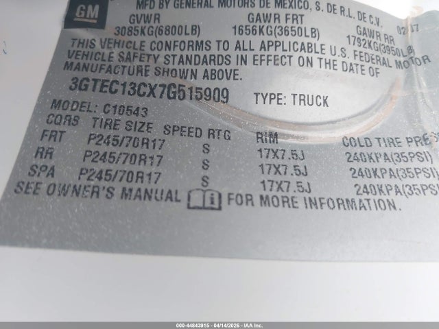 Продажа на аукционе авто 2007 Gmc Sierra 1500 Work Truck, vin: 3GTEC13CX7G515909, номер лота: 44843915