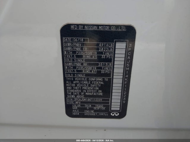 2019 Infiniti Qx50 Luxe მანქანა იყიდება აუქციონზე, vin: 3PCAJ5M14KF112239, აუქციონის ნომერი: 44843926