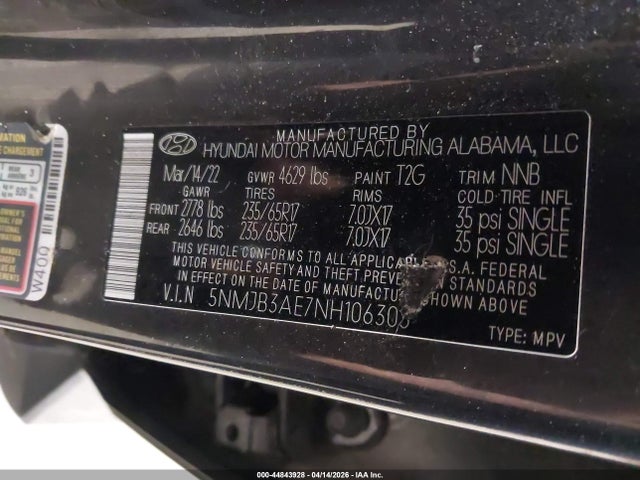 2022 Hyundai Tucson Sel მანქანა იყიდება აუქციონზე, vin: 5NMJB3AE7NH106303, აუქციონის ნომერი: 44843928