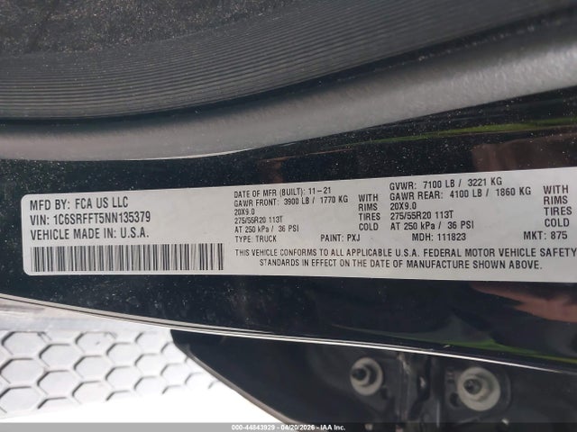 Aukcja sprzedaży 2022 Ram 1500 Big Horn  4x4 5'7 Box, vin: 1C6SRFFT5NN135379, numer aukcji: 44843929