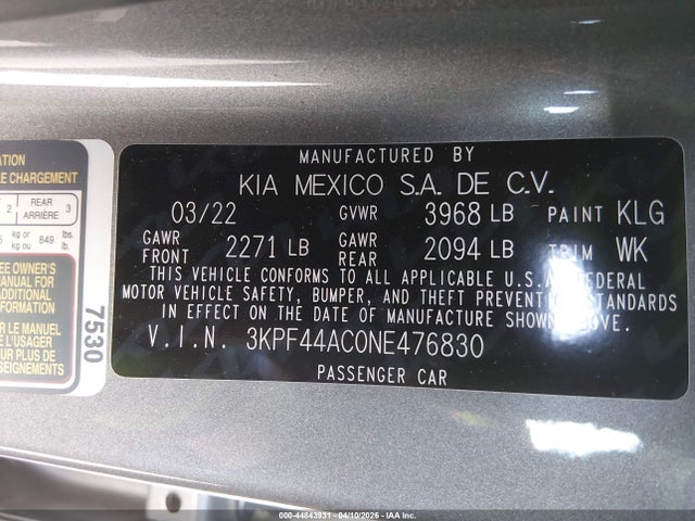 Auction sale of the 2022 Kia Forte Gt, vin: 3KPF44AC0NE476830, lot number: 44843931