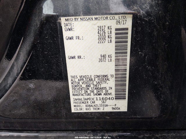 44843940 :رقم المزاد ، 1N4AL3AP0JC116040 vin ، 2018 Nissan Altima 2.5 Sr مزاد بيع