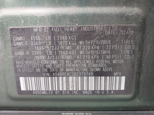 2011 Subaru Outback 2.5i მანქანა იყიდება აუქციონზე, vin: 4S4BRCAC2B3379749, აუქციონის ნომერი: 44843955