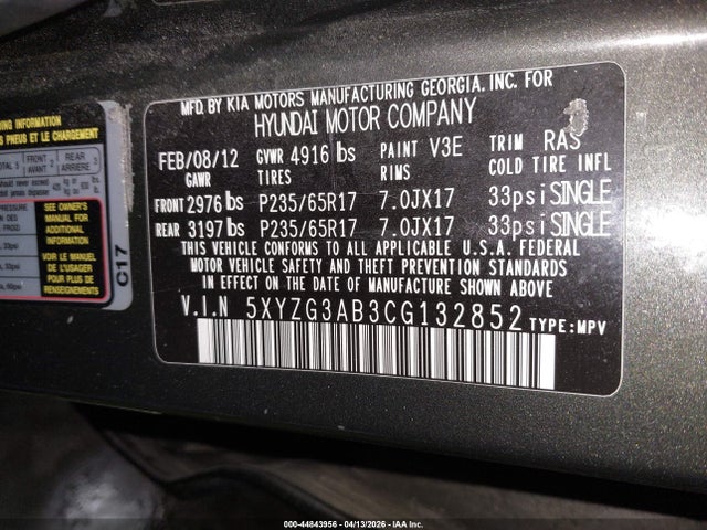 2012 Hyundai Santa Fe Gls მანქანა იყიდება აუქციონზე, vin: 5XYZG3AB3CG132852, აუქციონის ნომერი: 44843956