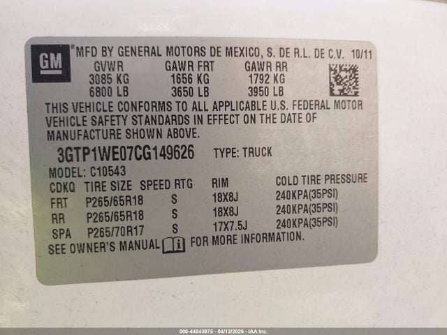 Продажа на аукционе авто 2012 Gmc Sierra 1500 Slt, vin: 3GTP1WE07CG149626, номер лота: 44843975