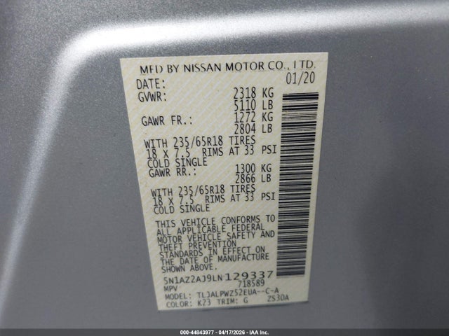 5N1AZ2AJ9LN129337 Nissan Murano S Fwd