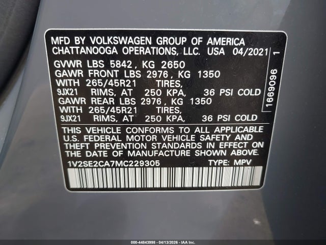 44843998 :رقم المزاد ، 1V2SE2CA7MC229305 vin ، 2021 Volkswagen Atlas Cross Sport 3.6l V6 Sel/3.6l V6 Sel R-line مزاد بيع