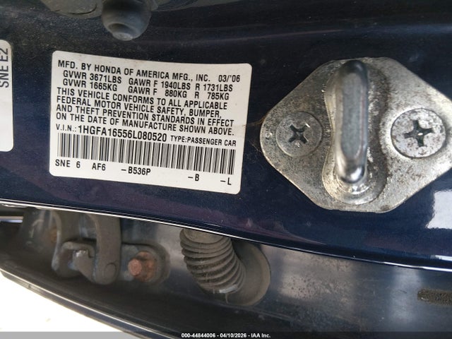 Aukcja sprzedaży 2006 Honda Civic Lx, vin: 1HGFA16556L080520, numer aukcji: 44844006
