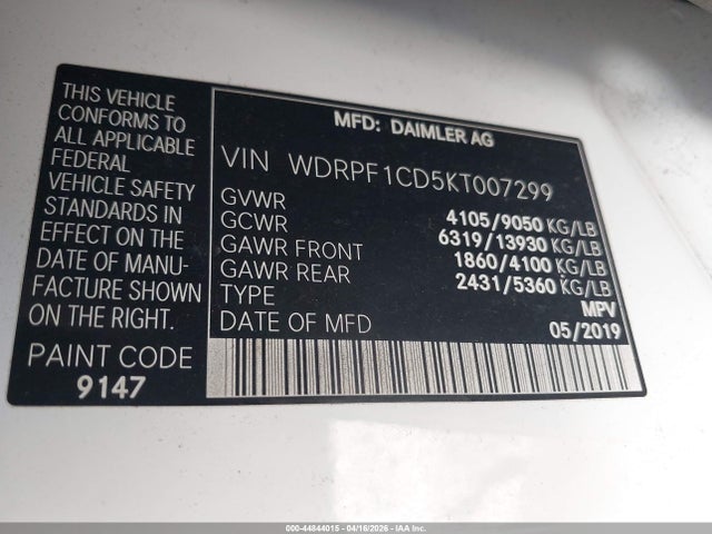 2019 Freightliner Sprinter 2500 High Roof V6 მანქანა იყიდება აუქციონზე, vin: WDRPF1CD5KT007299, აუქციონის ნომერი: 44844015
