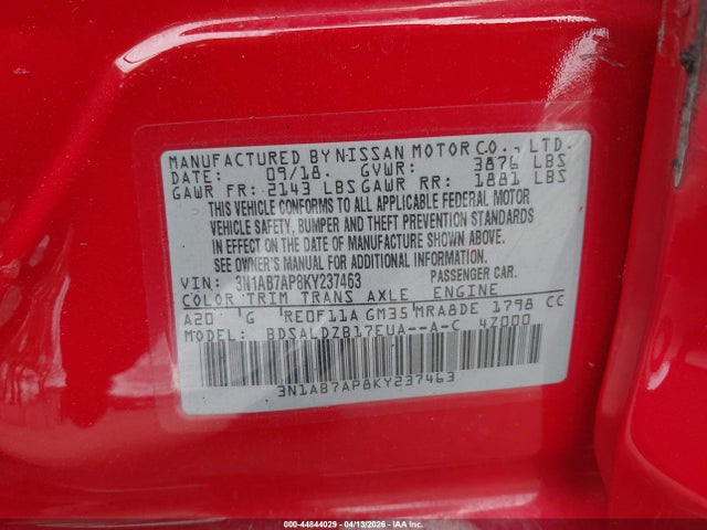 Aukcja sprzedaży 2019 Nissan Sentra Sv, vin: 3N1AB7AP8KY237463, numer aukcji: 44844029