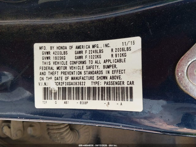 2016 Honda Accord Lx მანქანა იყიდება აუქციონზე, vin: 1HGCR2F3XGA083622, აუქციონის ნომერი: 44844038