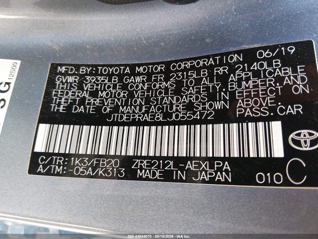 Aukcja sprzedaży 2020 Toyota Corolla Le, vin: JTDEPRAE8LJ055472, numer aukcji: 44844070