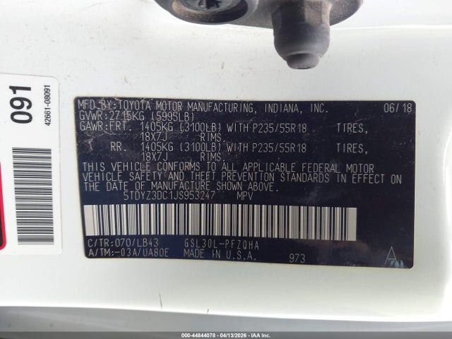44844078 :رقم المزاد ، 5TDYZ3DC1JS953247 vin ، 2018 Toyota Sienna Limited Premium 7 Passenger مزاد بيع
