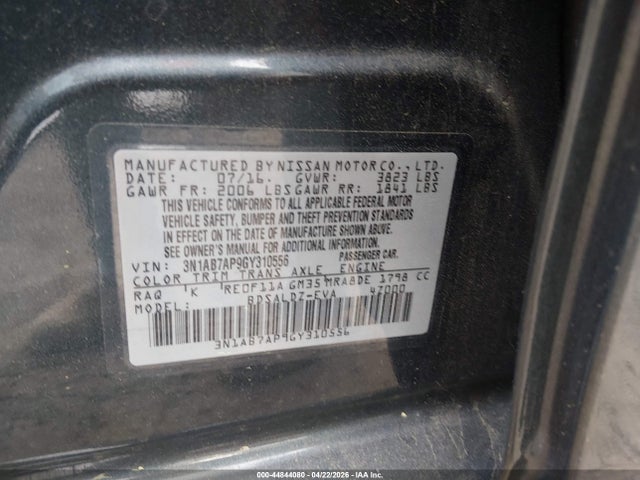 44844080 :رقم المزاد ، 3N1AB7AP9GY310556 vin ، 2016 Nissan Sentra Sv مزاد بيع