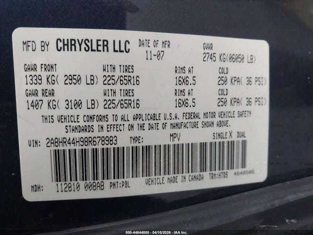 Aukcja sprzedaży 2008 Chrysler Town & Country Lx, vin: 2A8HR44H98R678983, numer aukcji: 44844085